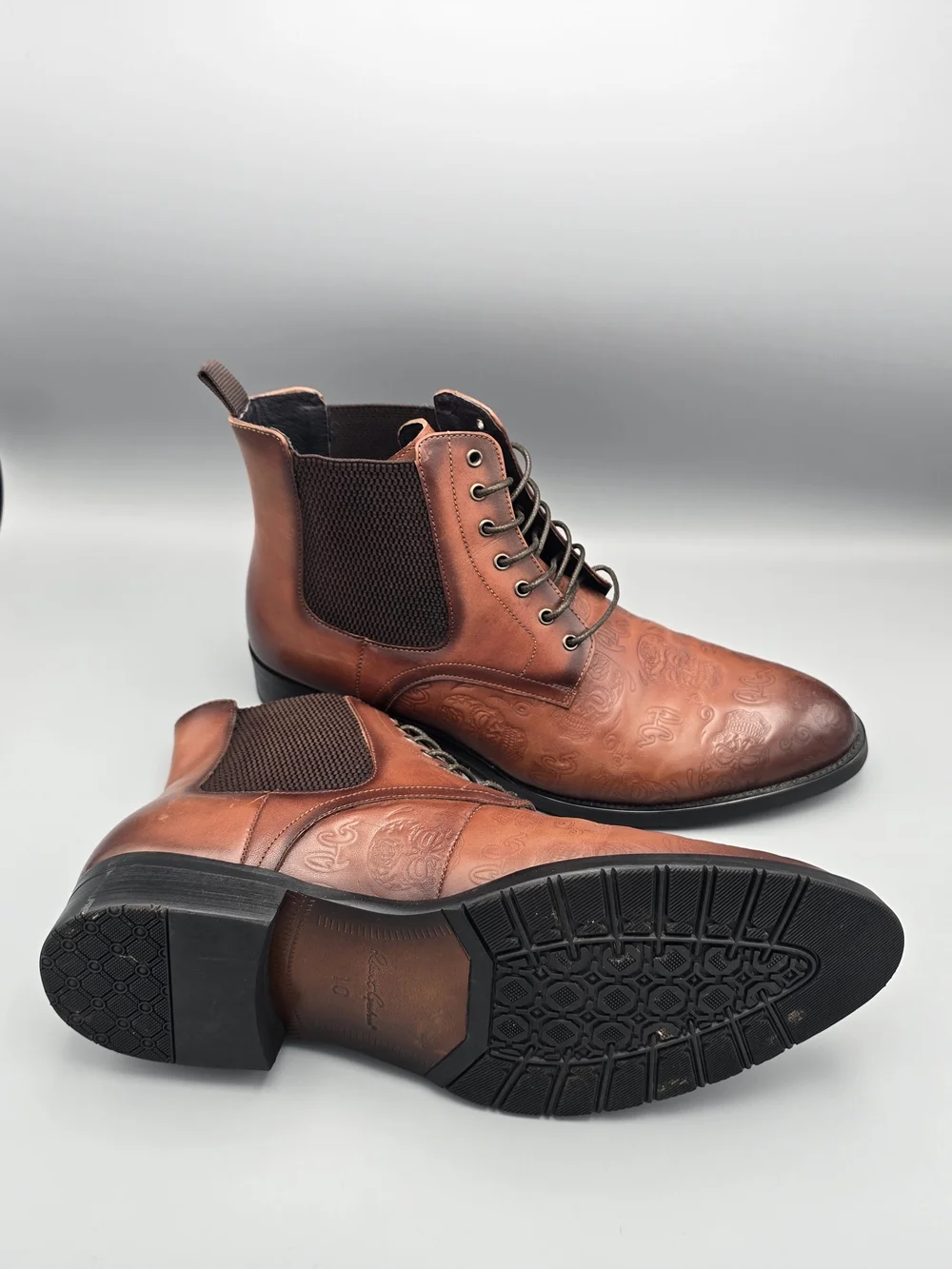 Men's Brown Leather Embossed Lace-Up Boots
